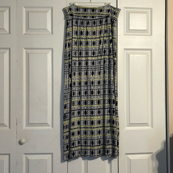 CYNTHIA ROWLEY Size 1X Black White Gray Yellow Stretch Maxi Skirt Geometric - Picture 1 of 6
